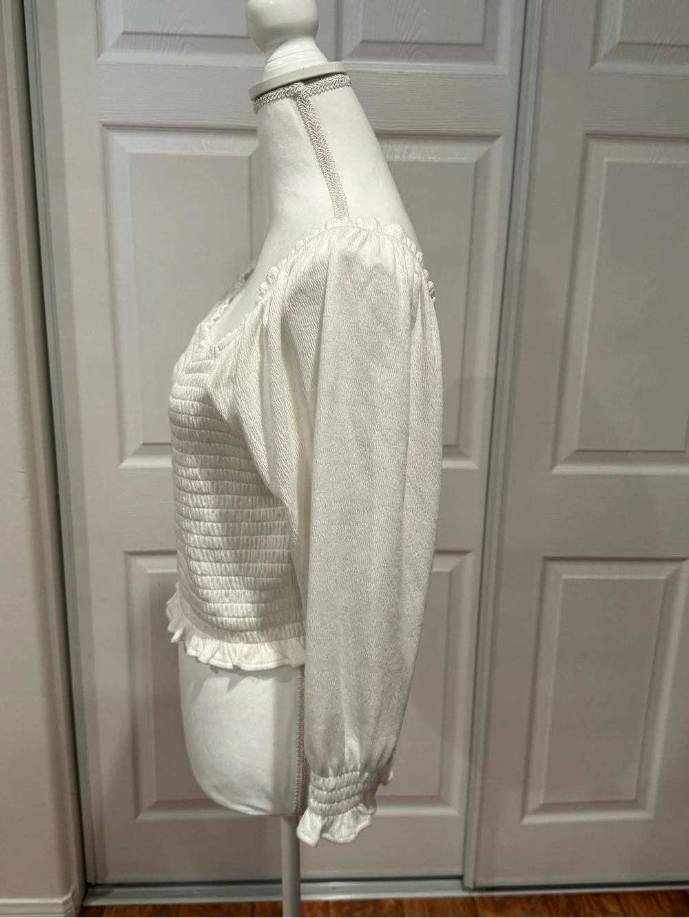 Free People Cream Smocked Square-Neck Ruffle Blouse